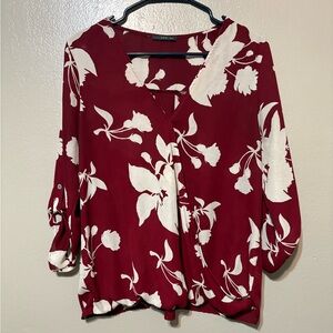 West Kei Burgundy and Off White Floral V-Neck Blouse Size L